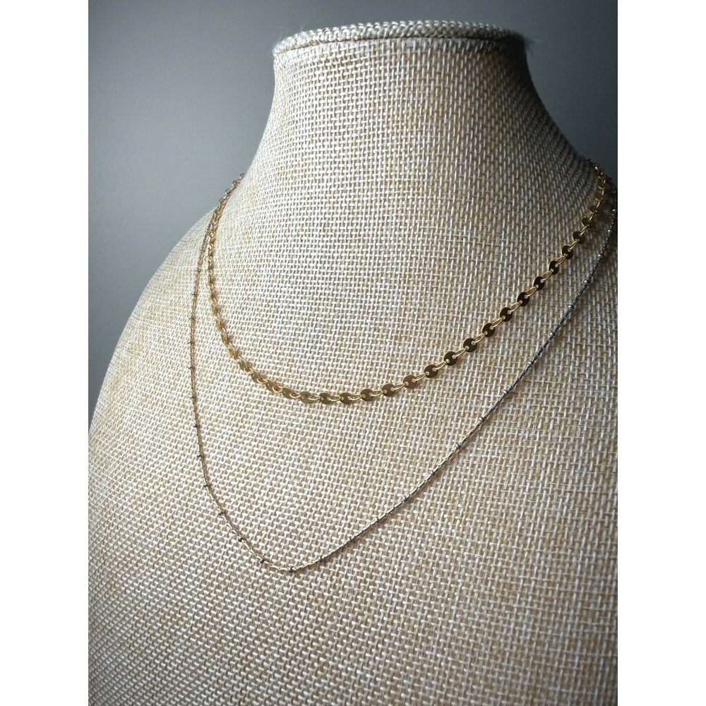 Gold Silver Tone Mixed Metal Layered Necklace Disc Link Satellite Chain 2 Strand
